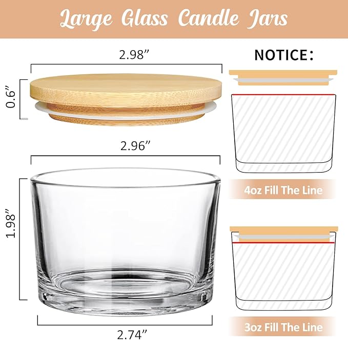 4oz Clear Candle Jars (15 Pack) - Small Wide Mouth Glass Jars with Bamboo Lids, Ideal for Candle Making Business
