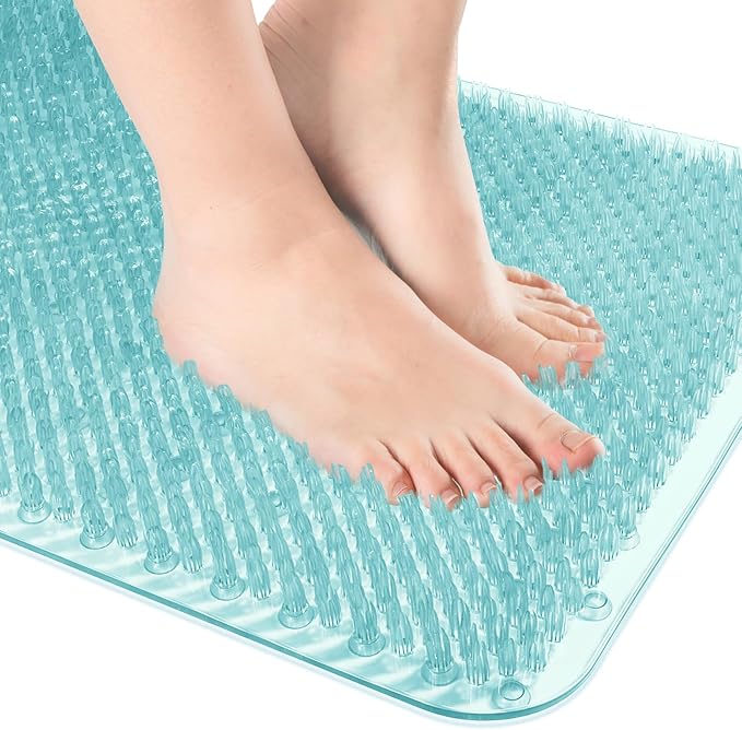 OTHWAY Non Slip Grassy Bathtub Mat : 25.6X13.4 inches Sturdy But Soft Bath Mat_Quick Drain Shower Floor Mat with Soft Bristles for Scrubbing Feet (Light Blue)