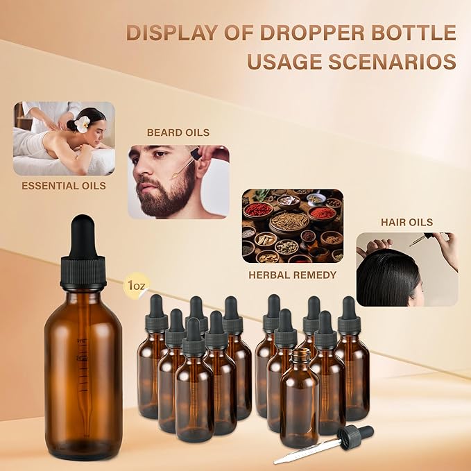 12 Pcs, 2oz Dropper Bottle, Amber Glass Eye Dropper Bottle, Tincture Bottles with Dropper, Leak-Proof Design, Stronger Suction, for All Kinds of Mixed Liquids