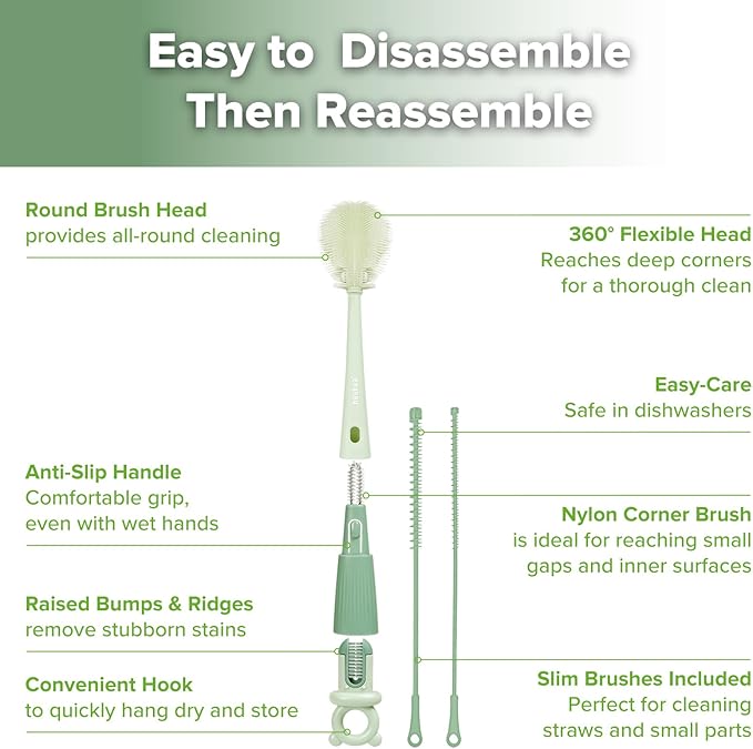 Haakaa 5-in-1 Cleaning Brush Set – Baby Bottle Brush & Bottle Brush Cleaner, Multi-Purpose 360° Comprehensive Cleaning for Breast Pumps, Breast Milk Collector, Baby Bottles, Nipples ,Straw – Portable