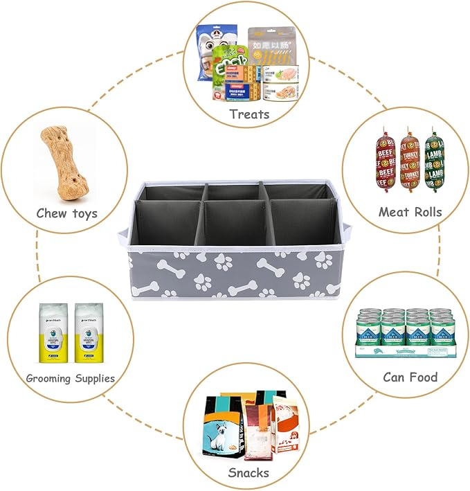 2pack Dog Storage Organizer,Dog Treat Container Bin for Countertop,Collapsible Cat Treats Container with Dividers,Dog Treats Station for Treats Stick/Canned Food/Bagged Snacks-Bone Paw