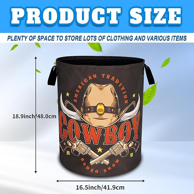Western Cowboy Laundry Basket Cowboy Hat Oxford Cloth Laundry Hamper With Handle Foldable Portable Clothes Storage Basket 18.9 X 16.5 Inch Storage Bag For Laundry Room/Bathroom/Bedroom/Dormitories