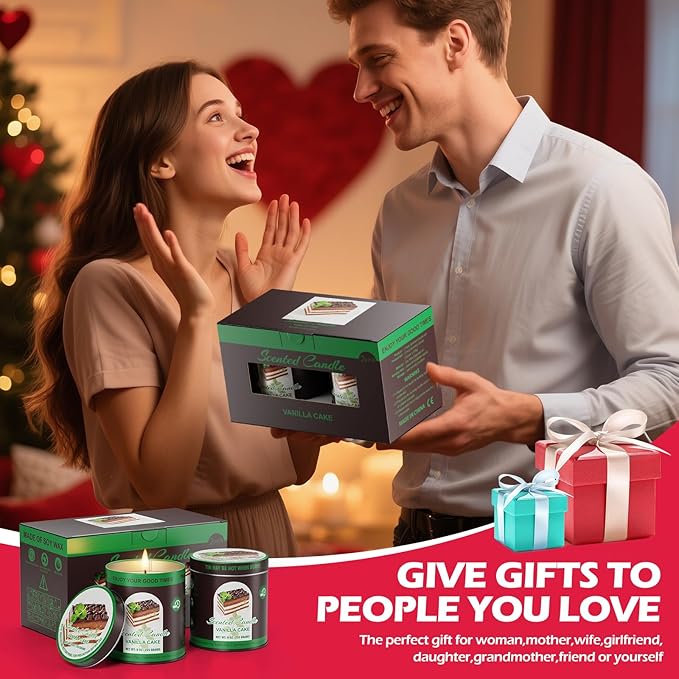 Premium Vanilla Cake Scented Soy Wax Candles Set | 2Pack 8% Essential Oils,80 Hrs Burn Time,Clean Burning&Smoke-Free| Aromatherapy Jar Tin Candle for Home, Relief & Sleep | Gift Set of Men&Women