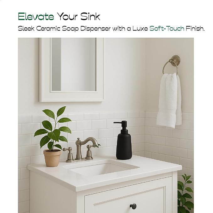 Matte Black Ceramic Soap Dispenser, 13 oz Refillable Bathroom or Kitchen Countertop Dispenser with Soft Touch Rubber Coating