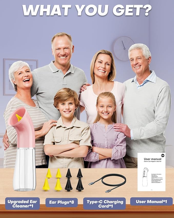 Upgraded Ear Wax Removal Kit, One Piece Waste Tank - Ear Irrigation Flushing System with 4 Modes & 8 Nozzles - IPX7, Safe and Effective Electric Ear Cleaner for Family Use, Type-C (Pink)