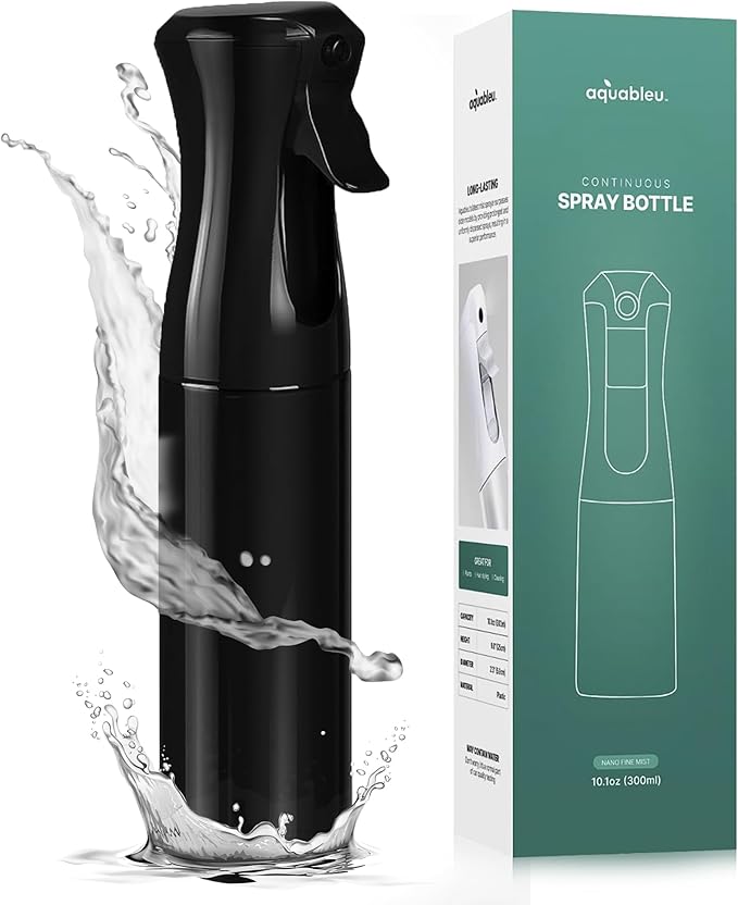 Aquableu Spray Bottle for Hair – Continuous Mist Spray Bottle for Hair Care, Styling, Cleaning, Plants, Pets & Essential Oils (Black, 10oz)