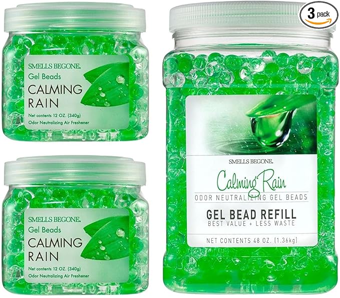 SMELLS BEGONE Odor Eliminator Gel Bead Value Pack - 72 oz - Air Freshener Eliminates Odors in Bathrooms, Pet Areas, Boats, RVs & Cars - Made with Essential Oils - Calming Rain Scent