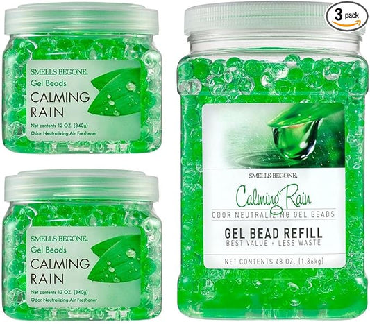 SMELLS BEGONE Odor Eliminator Gel Bead Value Pack - 72 oz - Air Freshener Eliminates Odors in Bathrooms, Pet Areas, Boats, RVs & Cars - Made with Essential Oils - Calming Rain Scent