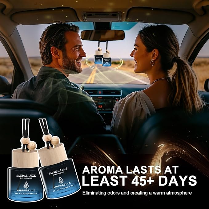 Car Air Freshener Hanging 2 Pack Car Air Fresheners Diffuser - Spicy Sandalwood Fragrance Oil Air Diffuser for Car, 45+ days Long Lasting Fragrance, Two 0.27 FL OZ/8ML Made in USA Car Air Fresheners