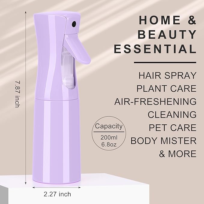 Hair Mister Spray Bottle，Spray Water Bottle Fine Mist Refillable Plants（6.8OZ /200ML） Barber，Showering Pets, Plants, travel, Ironing and Cleaning ﻿ (Purple-1Pcs)