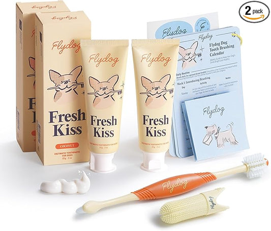 FlyDog Fresh Kiss Dog Tooth Brushing Kit - Vet Approved Formula, Enzymatic Dog Toothpaste and Brush - Breath Freshener & Tartar Remover, 360° Toothbrush & Finger Brush, Dental Guide, Coconut Flavor