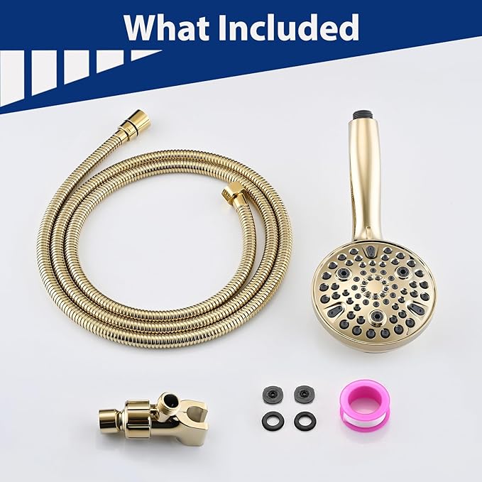 High Pressure 10 Setting Handheld Shower Head, 5" Detachable Showerhead Spray Built-in Power Wash to Clean Tub, Tile & Pets, 79" Extra Long Stainless Steel Hose, Adjustable Bracket - Gold