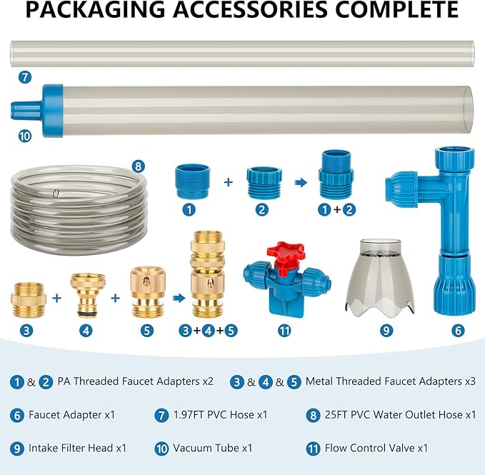 fishkeeper 25FT/50FT Aquarium Gravel Vacuum Water Changer - Flow Adjustable Faucet Universal Siphon Quick Pump with 6 Adapters, Bucket-Free Fish Tank Cleaner for Drain & Fill (2025 New)