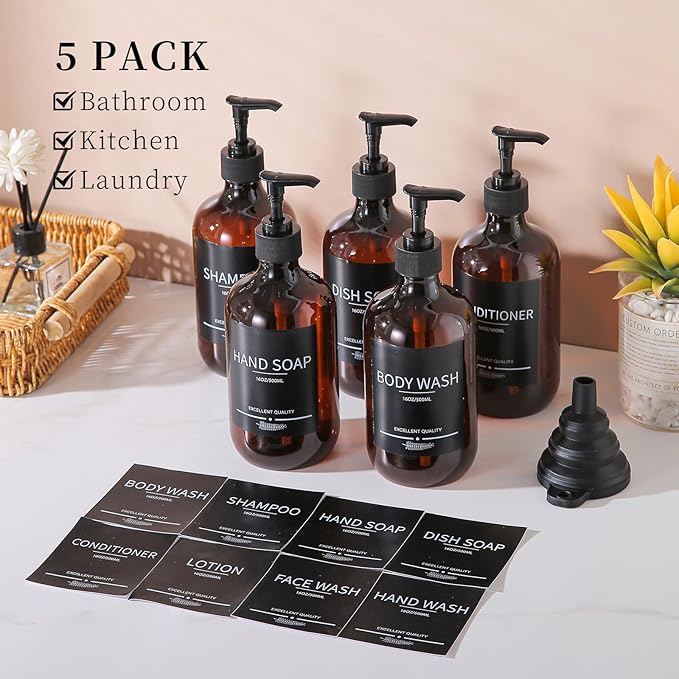 5Pack Amber Shower Bottles Refillable with Labels,16.9oz(500ml) Reusable Shampoo and Conditioner Bottles,Shampoo Dispenser Bottles