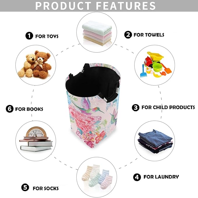 visesunny Pretty Hummingbird And Pink Flower Large Laundry Hamper with Handle Foldable Durable Clothes Hamper Laundry Bag Toy Bin for Bathroom, Bedroom, Dorm, Travel