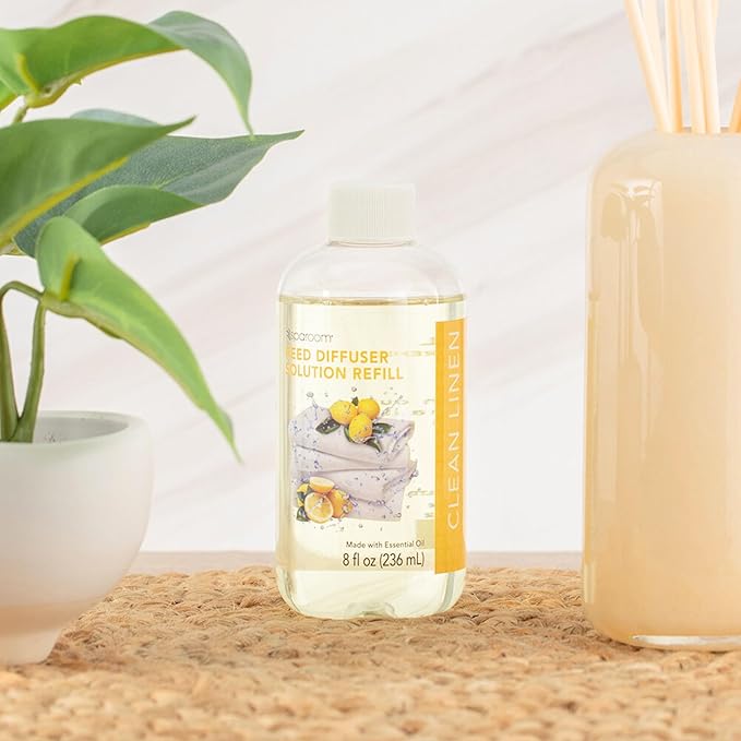 SpaRoom Reed Diffuser Oil Refill – Clean Linen Scent, 8oz Crisp and Refreshing Blend with Lemon Accents, Light and Airy Aroma for Bathroom, Bedroom, or Living Room, Long Lasting Fresh Scent