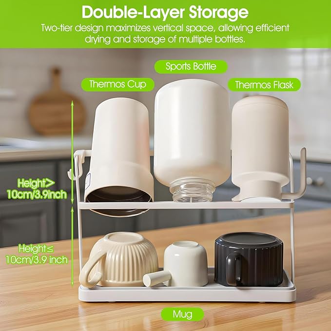 2 Pack Water Bottle Drying Rack with 2 Tier Holder – Space-Saving, Rust-Proof, Cup & Tumbler Organizer with Drain Tray & 2pcs Side Hooks for Kitchen Countertop (White, Carbon Steel)