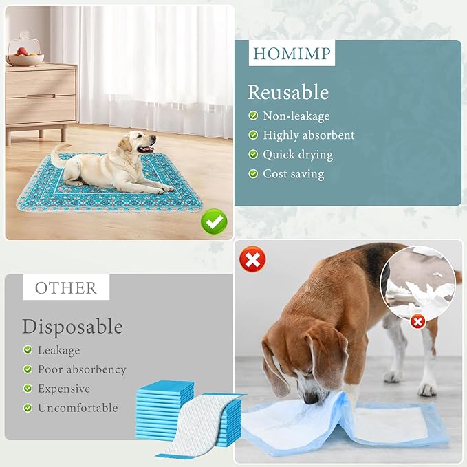 Homimp Washable Pee Pads for Dogs, 2 Pack Reusable Puppy Pads Waterproof, Absorbent and Leakproof Dog Pee Pads, Non Slip Puppy Training Pads, Pet Mat for Floor, Crate, Couch, Whelping,Blue 36"x41"