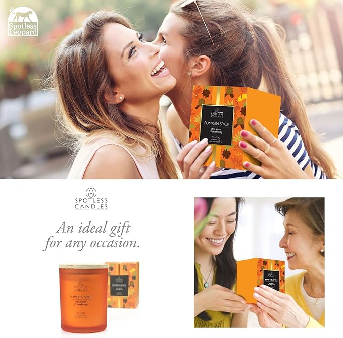 Pumpkin Spice Candle - 9.7 oz /275g Pumpkin Candle in Orange Frosted Glass Jar with Wooden Lid and Wooden Crackling Wick in Luxurious Gift Box - Cosy, Warm and Comforting