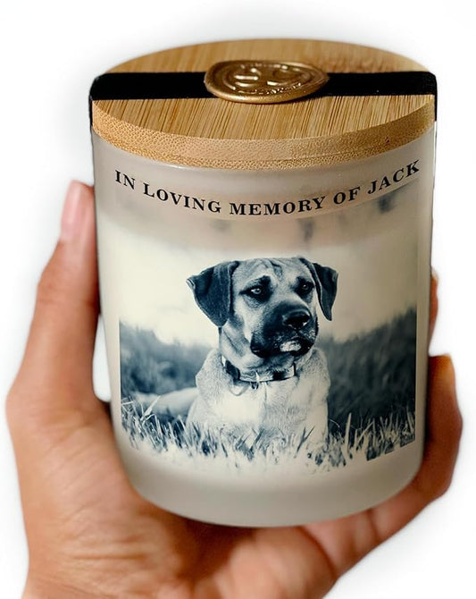 Custom Photo Candle | Printed on Glass | Memorial for Parent, Mother, Dad, Dog, Cat, Pet Memorial | Condolence Remembrance, Light Remains | Engraved Lid | Scented, Soy Wax, USA Made | Keep&Present