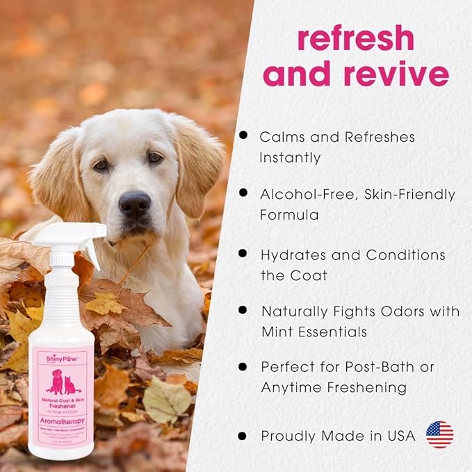 Dog Grooming Spray | Rose Hip, Chamomile & Mint Coat & Skin Freshener 32 oz by Shiny Paw | Dog Odor Spray | Made in the USA
