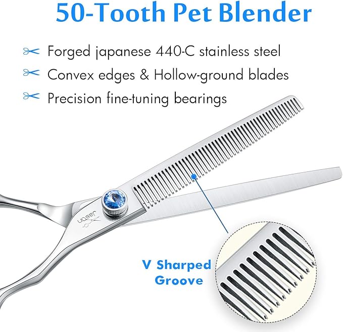 JASON 7" 50 Teeth Thinning Dog Grooming Blending Scissor, Ergonomic Pet Grooming Thinner Blender Shears Cat Trimming Texturizing Kit with Offset Handle and a Jewelled Screw, 30% Thinning Rate