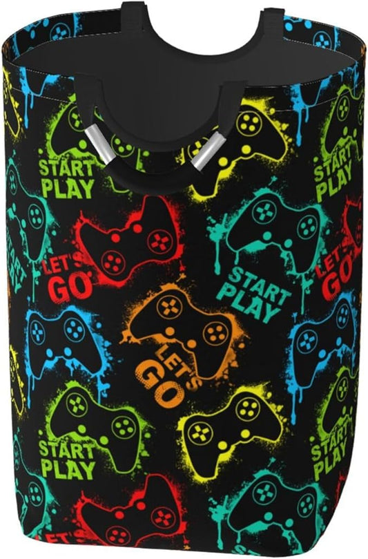 Game Theme Large Laundry Hamper Bag With Waterproof Liner - Gaming Joystick Silhouettes Laundry Basket Foldable Clothes Storage Organizer For Bathroom Bedroom Nursery Dorm