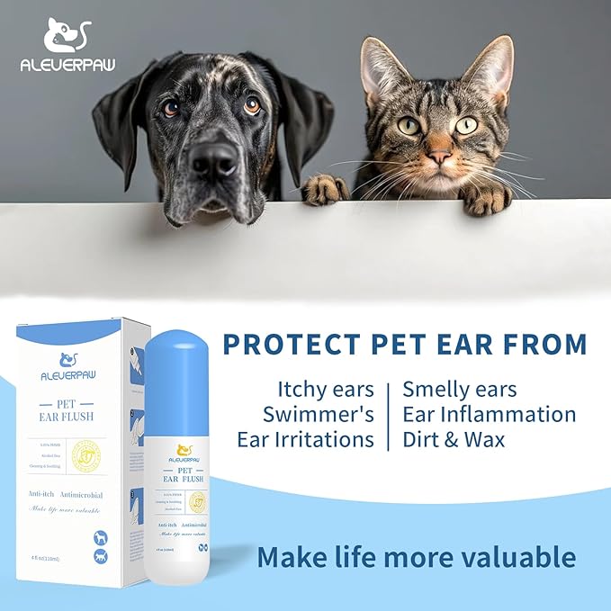 Tris Flush Cat & Dog Ear Cleaner - Dog Ear Infection Treatment with PHMB, Removes Wax, Odo, Gentle & Hypoallergenic, with 20 Cotton Qtips, 4 Fl oz