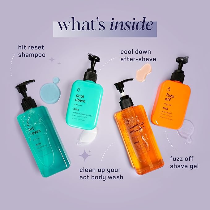 SpaLife Mens Body Wash Gift Set w/ Body Wash, Shave Gel, After-Shave Gel, Shampoo | Mens Skin Care Gift Set | Skincare Christmas Gifts for Men | Gifts for Men | Men's Skincare | 4-Piece