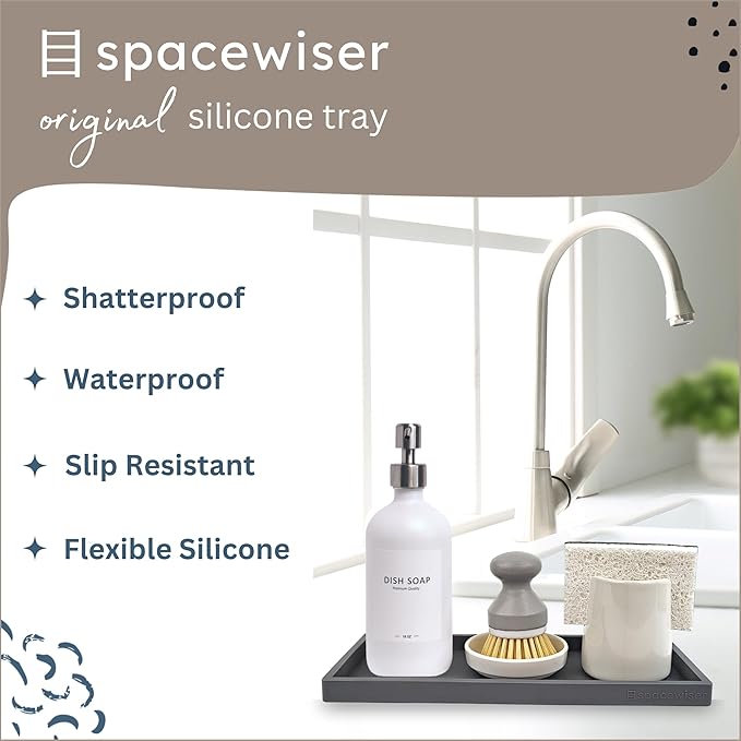 Countertop and Vanity Tray - 11.7" Silicone Bathroom Tray Countertop, Dish Soap Trays for Kitchen Counter, Sink Organizer Caddy Accessories, Toilet Plant Shower Makeup Mat Oil Holder