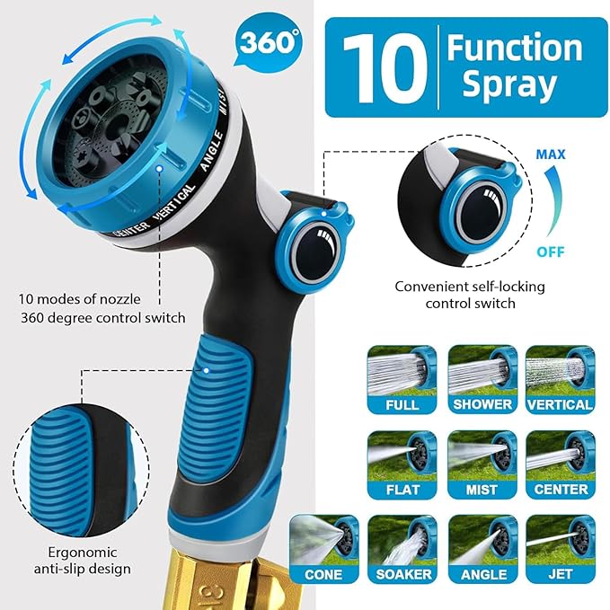 Hose Nozzle, Garden Hose Nozzle with 10 Spray Patterns, Thumb Control On Off Valve, High Pressure Nozzle Sprayer for Plants, Car Wash, Cleaning, Pet Showering (Blue)