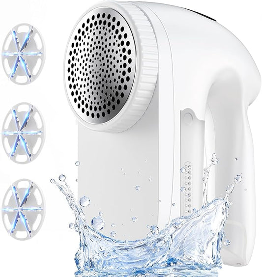 IPX6 Waterproof Washable Electric Fabric Shaver and Lint Remover, Rechargeable Sweater Defuzzer with 3 Free Extra Blades, Quickly and Effectively Remove Fluff, Fuzz, Bobbles for Clothes, White