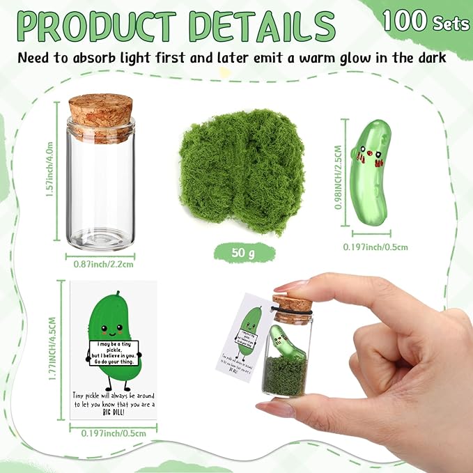 100 Sets Emotional Gift Pickle Support Inspirational Mini Luminous Pickle Affirmations Cards with Glass Bottle Desk Pet Gift for Vet Tech Student Classroom Party Favors