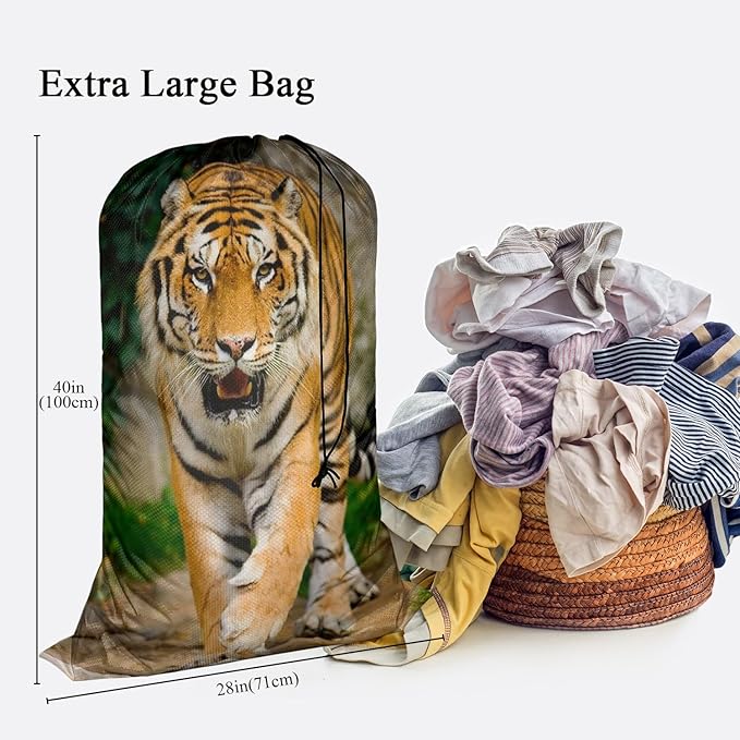 Swono Tiger Extra Heavy Duty Laundry Bag, Animal Portrait Jungle Mammal Feline Wildlife X-Large Dirty Clothes Drawstring Bag with Tear Resistant Fabric, Washable Laundry Liner for Hamper, Ideal for