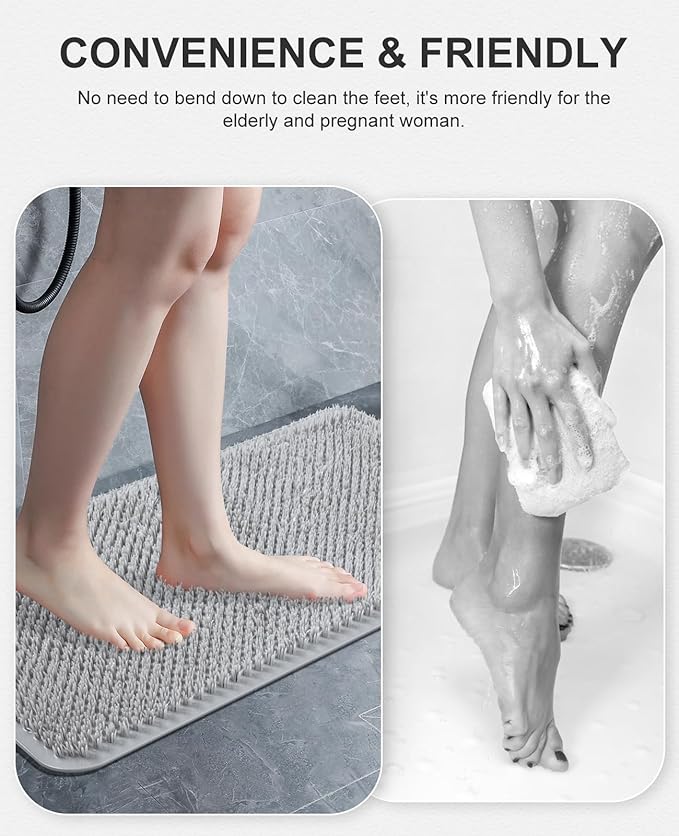 OTHWAY Non Slip Grassy Bathtub Mat : 25.6X13.4 inches Sturdy But Soft Bath Mat_Quick Drain Shower Floor Mat with Soft Bristles for Scrubbing Feet (Light Grey)