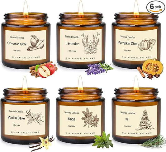 Long Lasting Soy Candles for Home, 6 Pack Holiday Scented Candle Gift Set with Cinnamon Apple, Pumpkin Chai & Vanilla, Natural Aromatherapy Candles, Christmas Gifts for Women