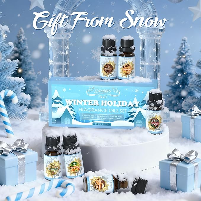 SALUBRITO Winter Fragrance Oils Set, Holiday Essential Oils for Diffuser, Candle, Soap Making - Christmas Tree, Cinnamon, Gingerbread, Candy Cane, Spiced Cider, Sugar Cookies Scented Oil