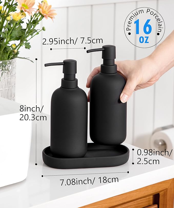 Ceramic Soap Dispenser Set - Elegant Hand Soap Pump with 4 Labels (Soap, Dishes, Lotion, Hands) - Durable & Stylish Design for Kitchen & Bathroom Decor, Refillable Liquid Soap Dispenser