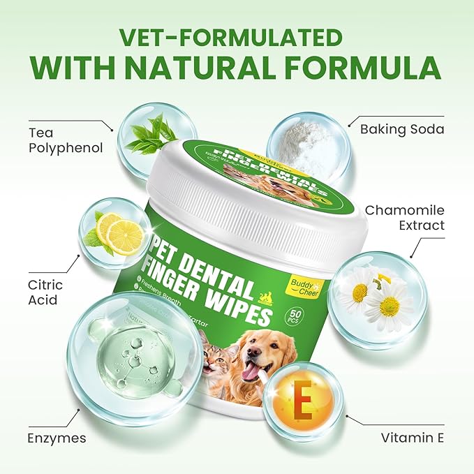 Pet Teeth Cleaning Wipes for Dogs & Cats, Pet Dental Finger Wipes for Dogs, No-Rinse Dog Toothbrush Toothpaste to Reduce Plaque & Tartar, Disposable Dog Tooth Brushing Kit - Mint Flavor - 50 Count