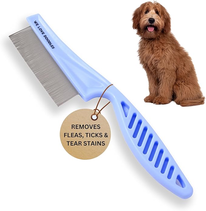 Dog Face Comb, Flea Comb for Dogs, Fine Tooth Tear Stain Remover Metal Comb, Removes Crust, Mucus, and Stains, Face Brush for Poodles & Other Breeds, Grooming Brush for Pets, Large [We Love Doodles]
