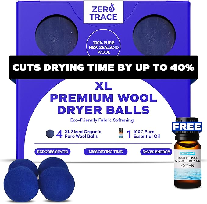Zero Trace Wool Dryer Balls - Dryer Balls Laundry Reusable - Eliminate Wrinkles Static & Lint – Cruelty Free & Non-Toxic - Laundry Balls for Dryer -Fabric Softener Ball – Wool Balls with Fragrance Oil