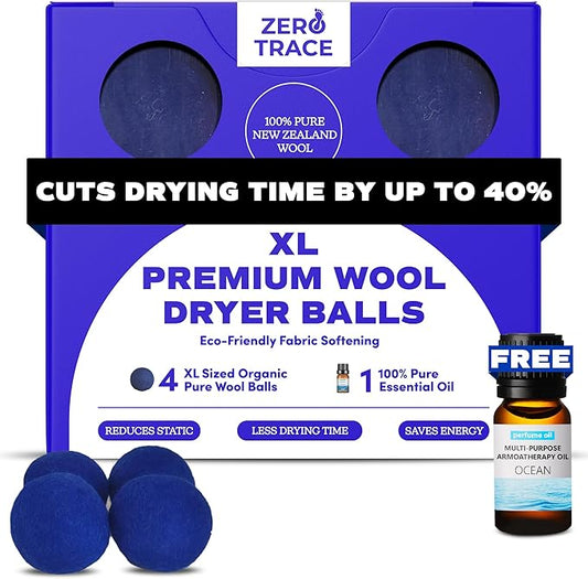 Zero Trace Wool Dryer Balls - Dryer Balls Laundry Reusable - Eliminate Wrinkles Static & Lint – Cruelty Free & Non-Toxic - Laundry Balls for Dryer -Fabric Softener Ball – Wool Balls with Fragrance Oil