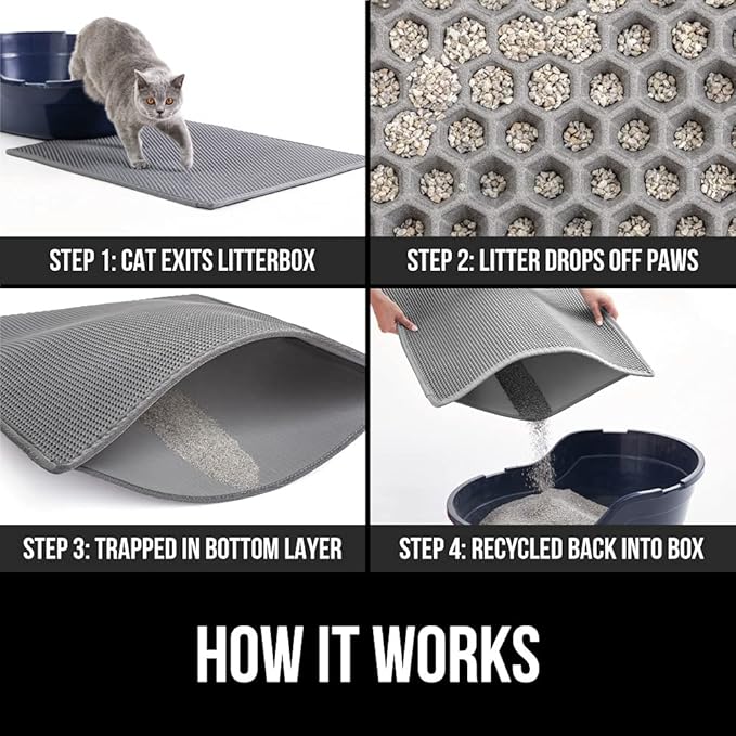 GORILLA GRIP Honeycomb Cat Litter Box Mat, Two Layer Trapping Waste Mats, Soft On Paws, Litter Box Supplies and Essentials for Indoor Cats, Traps Excess, Water Resistant for Floors, 24x15 Gray