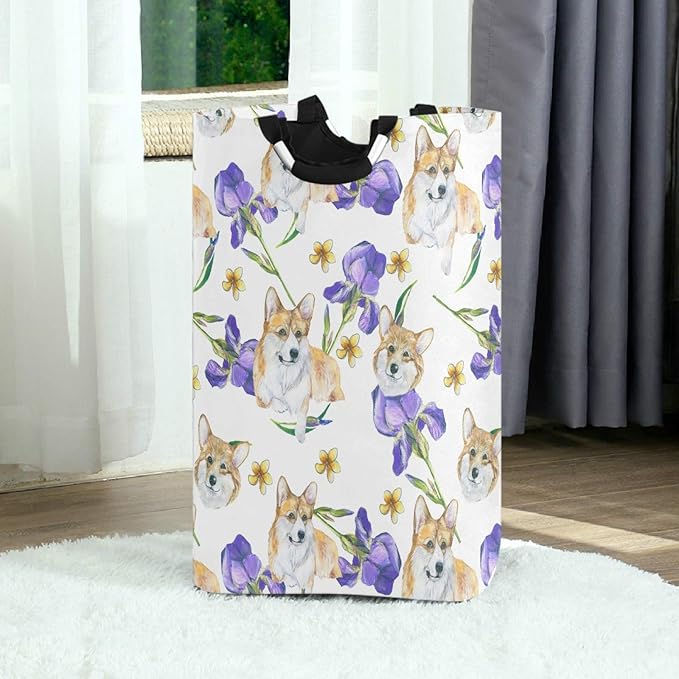 visesunny Collapsible Laundry Basket Purple Tulip Dog Animal Large Laundry Hamper with Handle Toys and Clothing Organization for Bathroom, Bedroom, Home, Dorm, Travel