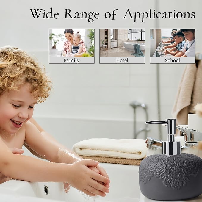 Soap Dispenser, Ceramic Countertop Lotion Dispenser 14oz with Embossed Design, Matte Black Bathroom Refillable Lotion Bottle for Shower Soaps Shampoo Kitchen Organization, ANTIS'S HOME