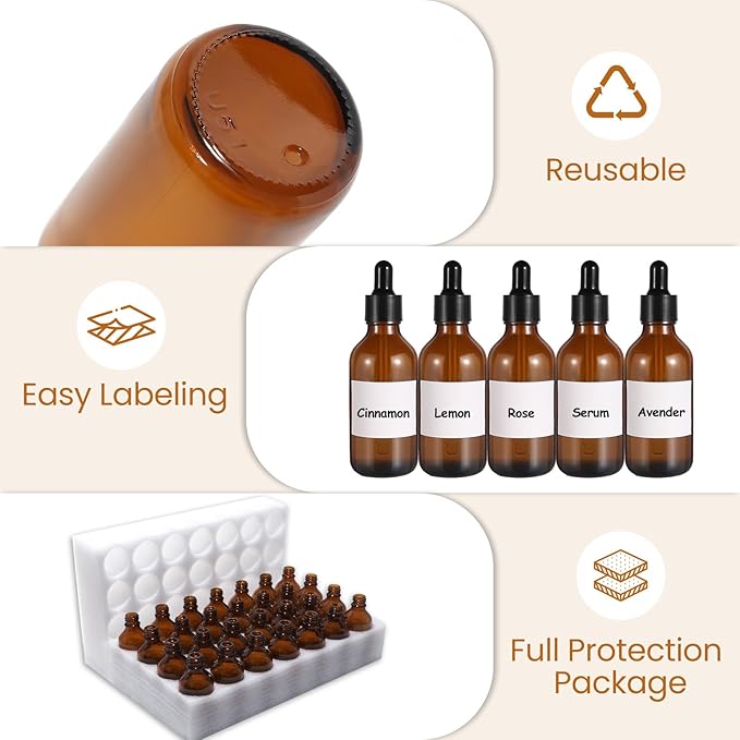 28 Pack 2oz Amber Glass Dropper Bottles Leakproof with Funnels, Eye Droppers, Extra Caps, Labels - Refillable UV Resistant 60ml Empty Bottles for Tinctures, Essential Oils, Beard, Hair Oil