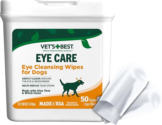 Vet's Best Eye Cleansing Wipes for Dogs, Gentle Tear Stain Remover For Dogs, Eye Wipes for Dogs with Aloe Vera & Witch Hazel (50 Count Dog Eye Wipes)