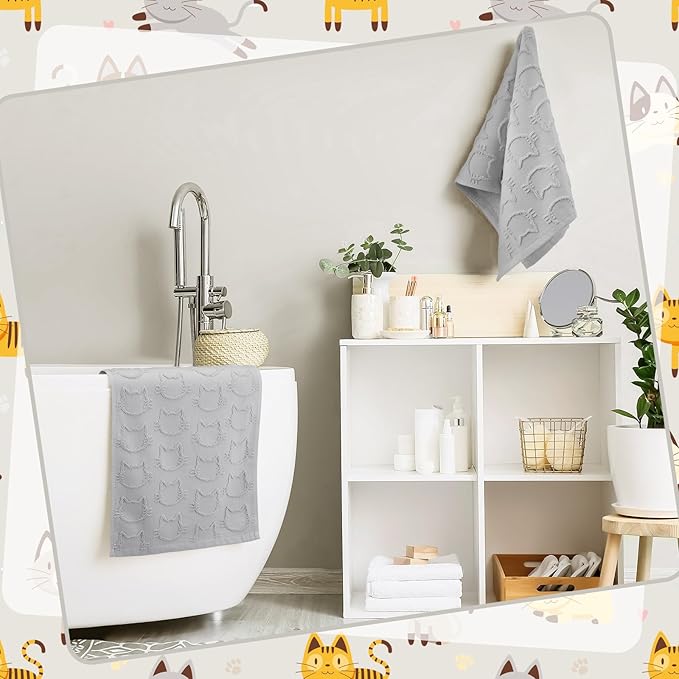2 Pcs Cat Hand Towels for Bathroom, Cute Gray Kitty Face Jacquard Weave 100% Cotton Absorbent Decorative Towels for Bathroom Kitchen Decor Gift, 13.7 x 29.5 Inch