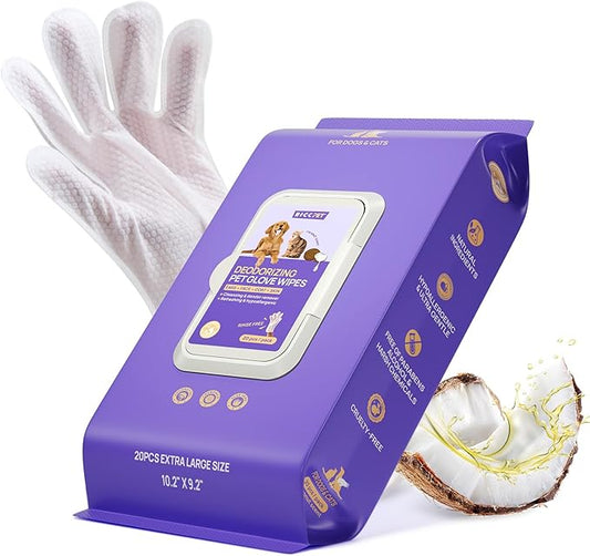 HICC PET Cleaning Deodorizing Glove Wipes for Dogs & Cats, Vet Recommended Hypoallergenic Hydrating & Nourish Fur Pet Grooming Glove Wipes, Pet Bathing Wipes for Horse Coat Care