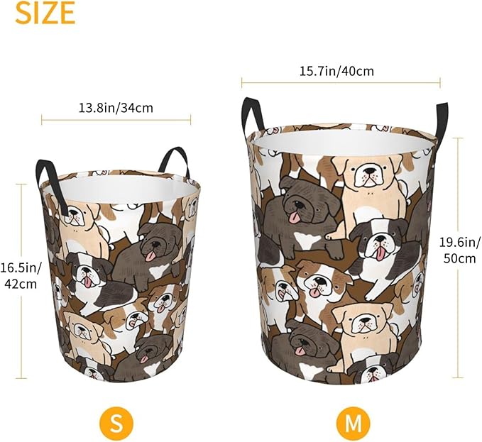 Cute Dogs Laundry Hamper Bag With Waterproof Liner - Cartoon Bulldog Puppy Round Laundry Basket Foldable Clothes Storage Organizer For Bathroom Bedroom Nursery Dorm, S-16.5"X 13.8"